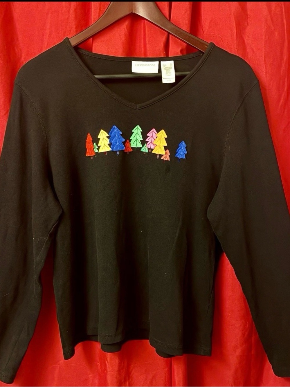 Liz Claiborne Festive Embroidered Soft Black Long Sleeve Top XL Merry Gay Bright